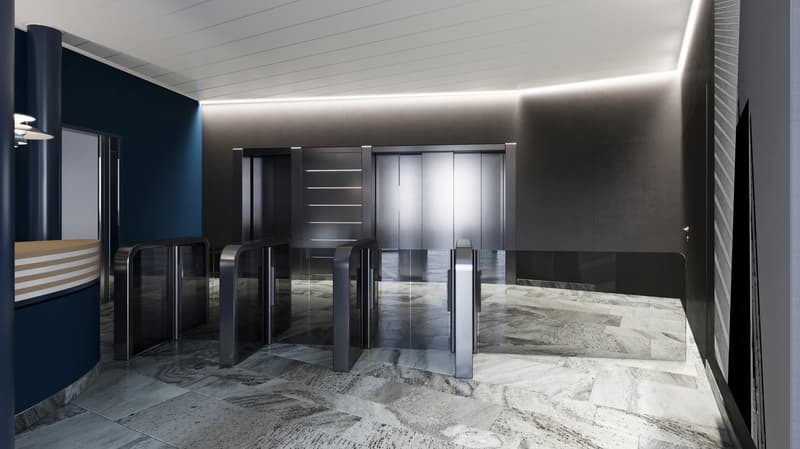 modern design with gray and blue accents, automated glass doors, marble flooring, sleek aesthetic