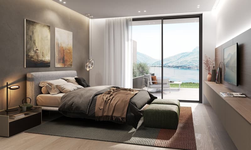 modern bedroom with a large bed, bedside tables, lamps, rug, sliding glass door, balcony, paintings, TV, and a scenic view