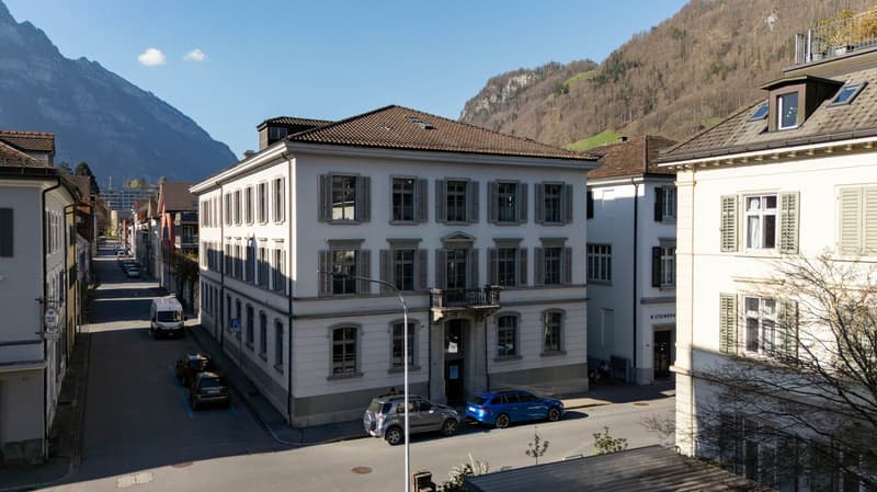 white building with brown roof, many windows, cars parked in front, small street with parking, mountain background
