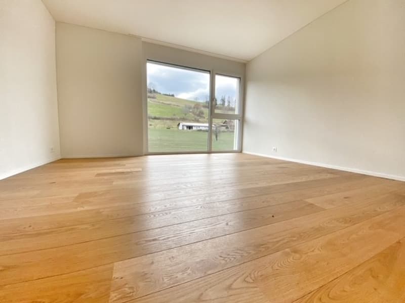 empty room, hardwood floors, large windows, view of a field