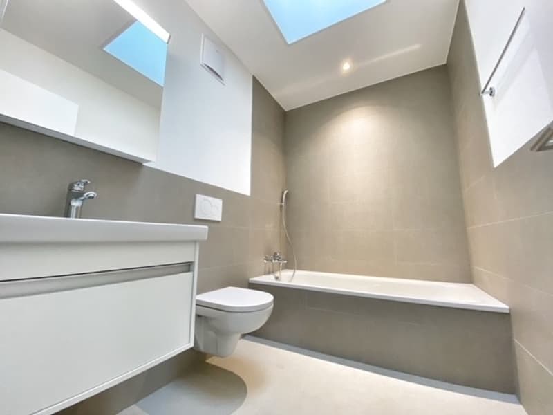 modern bathroom with white bathtub, white toilet, white sink, gray tiles, skylights