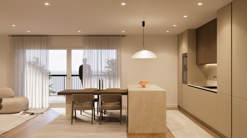 Dining room with balcony, large windows, wooden dining table, modern chandelier, kitchen island, built-in appliances, modern furniture