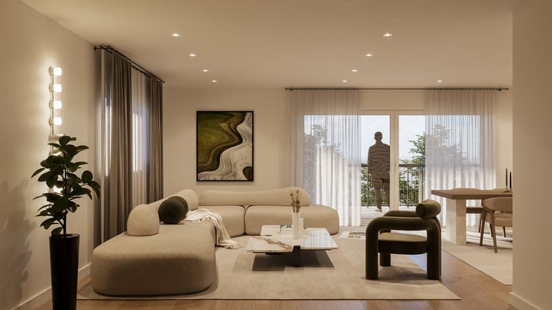Spacious living room with large windows, beige sectional sofa, abstract artwork, potted plant, and access to a balcony or terrace