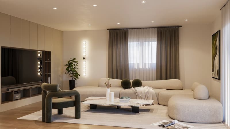 A modern living room with a beige sofa, a coffee table, a large TV screen mounted on the wall, a potted plant, a chair, and a beige carpet.