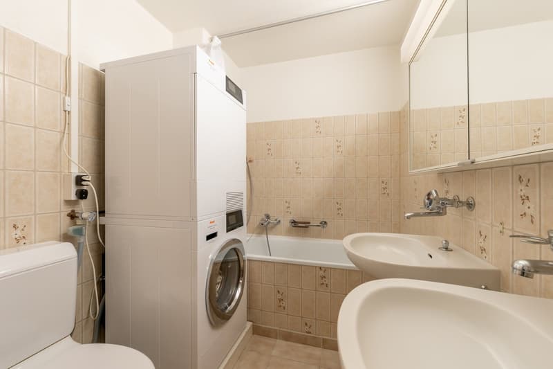 Small bathroom, white toilet, shower head attached to wall, small bathtub, double sinks, built-in laundry washing machine, wall-mounted cabinet with mirror