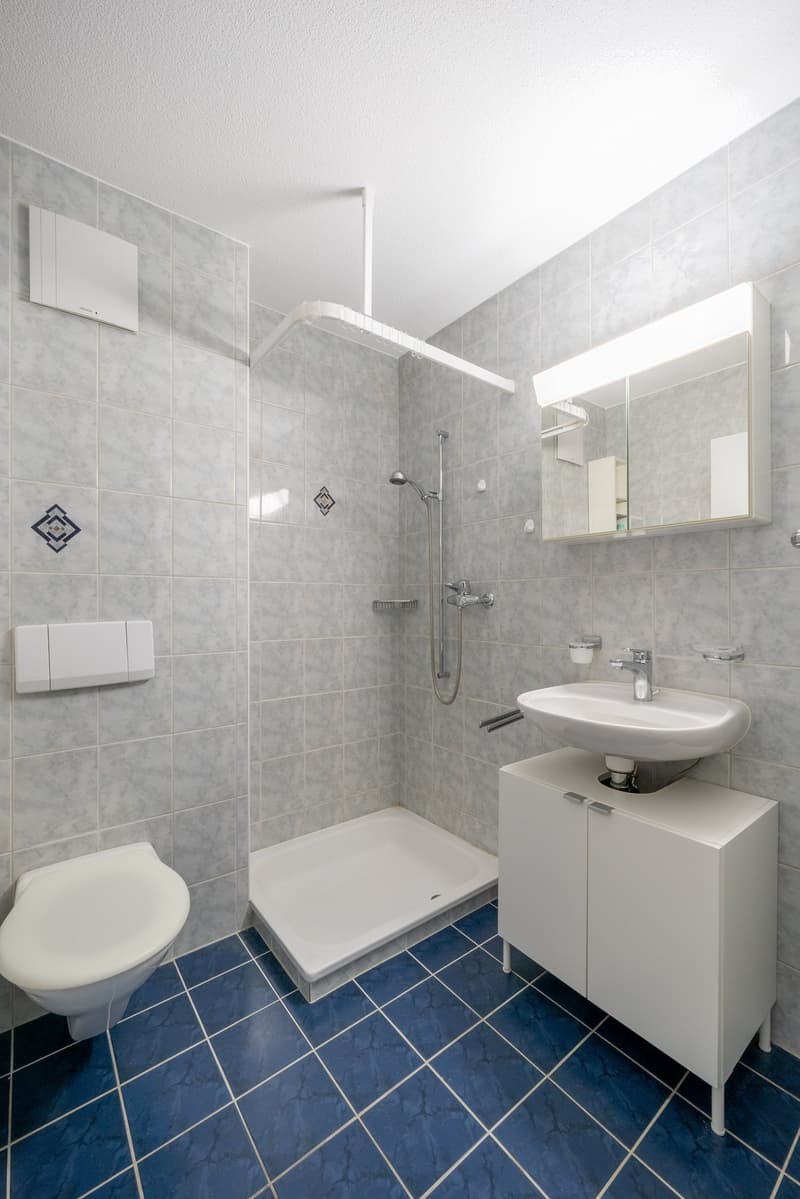 Bathroom with shower, white tile, blue floor, sink with mirror, toilet