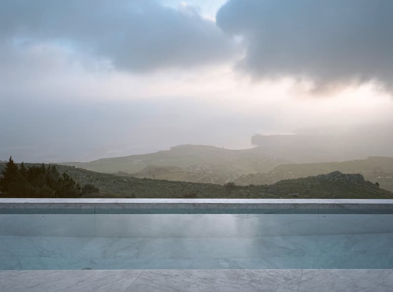 Marble floor, Infinity pool, mountain range, horizon, greenery, foggy weather