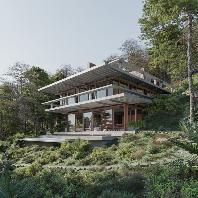 Modern house, concrete and glass, raised ground floor, swimming pool, balcony, terrace