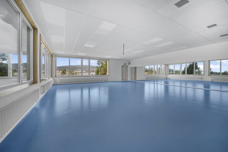 empty room, white walls, large windows, blue flooring, ceiling with tiles