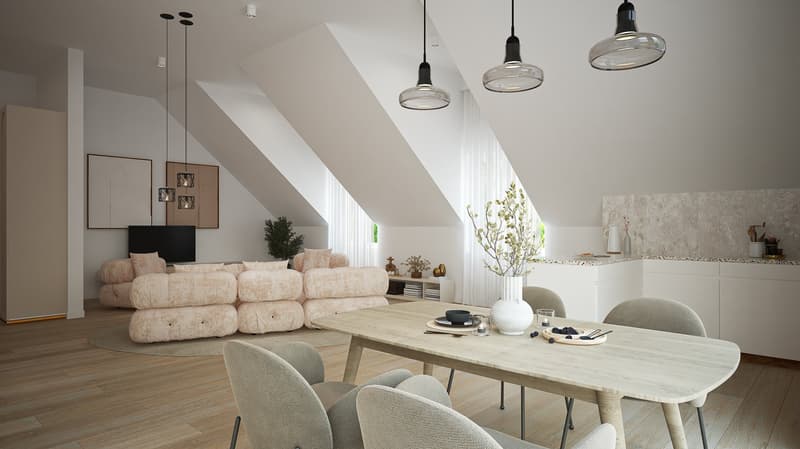 dining room with wooden floor, beige furniture, table, four chairs, white kitchen, sofa set, living room area, ceiling lights