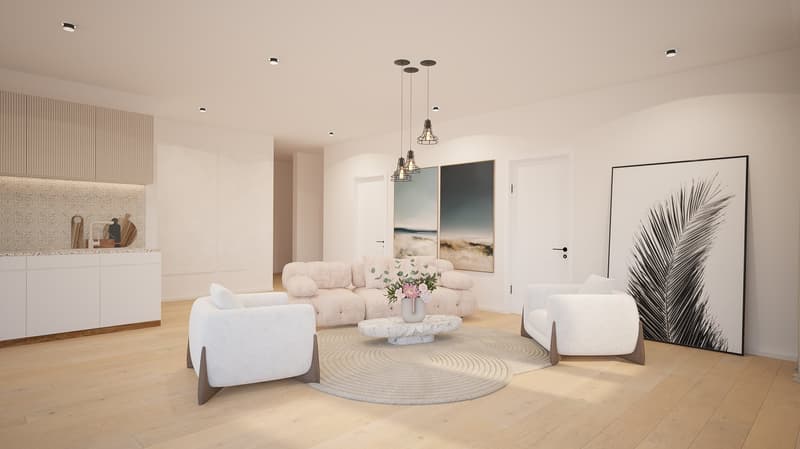 Modern living room with white furniture, wooden floor, white walls, centered sofa and decorative objects