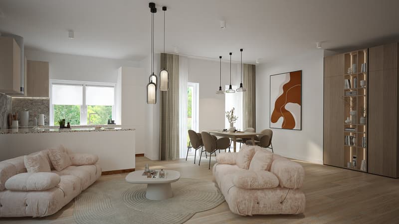 living room with beige couches, white coffee table, white kitchen island with black countertop, white pendant lights, dining table with 6 chairs, wooden floor, beige sectional sofa, white shelving unit, dining area with dining table, modern art on wall