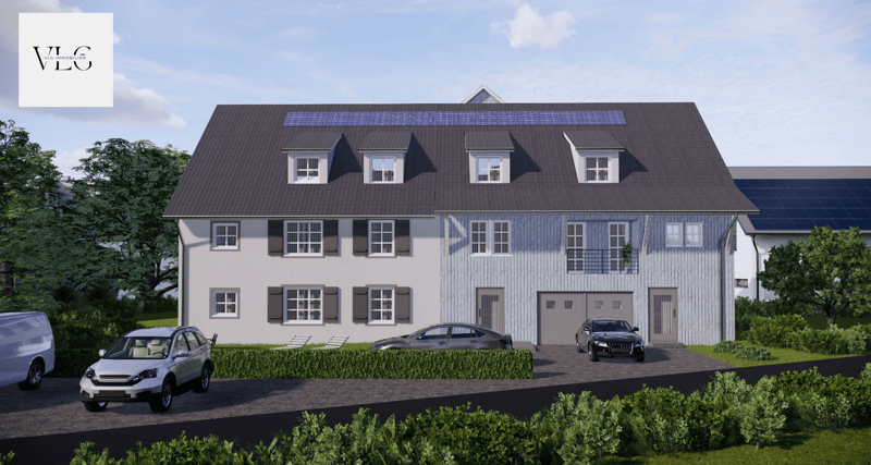 2 story house, solar panels on roof, white walls, grey windows, 3 cars parked in front, 3 garages