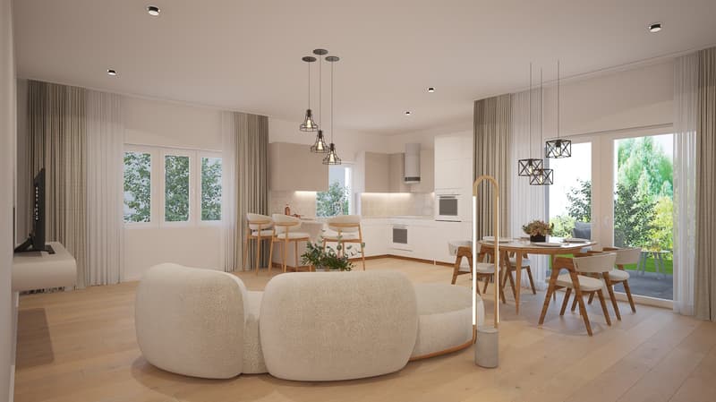 Large open space, wooden floors, dining area, kitchen, large glass doors to a patio