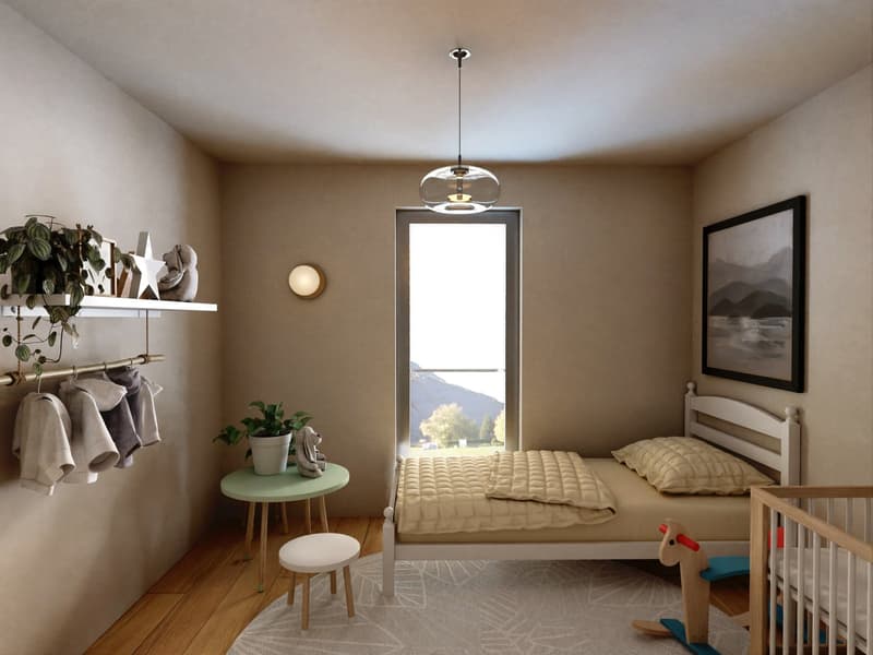 Cozy bedroom with large window providing a scenic mountain view, wooden floor, white walls, pendant light fixture, shelving unit with plants, and a comfortable bed with bedding