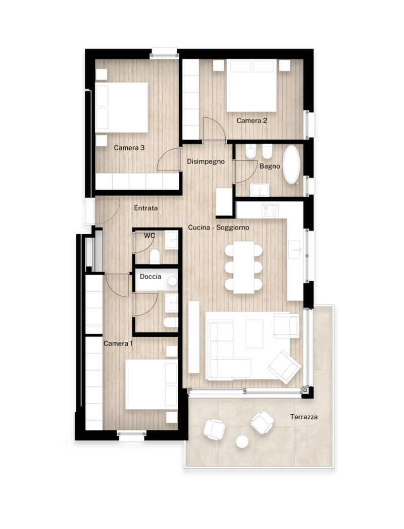 The floor plan shows a 2-bedroom apartment with an open-concept living room, kitchen, and dining area. It has 2 bedrooms, a bathroom, and a terrace.
