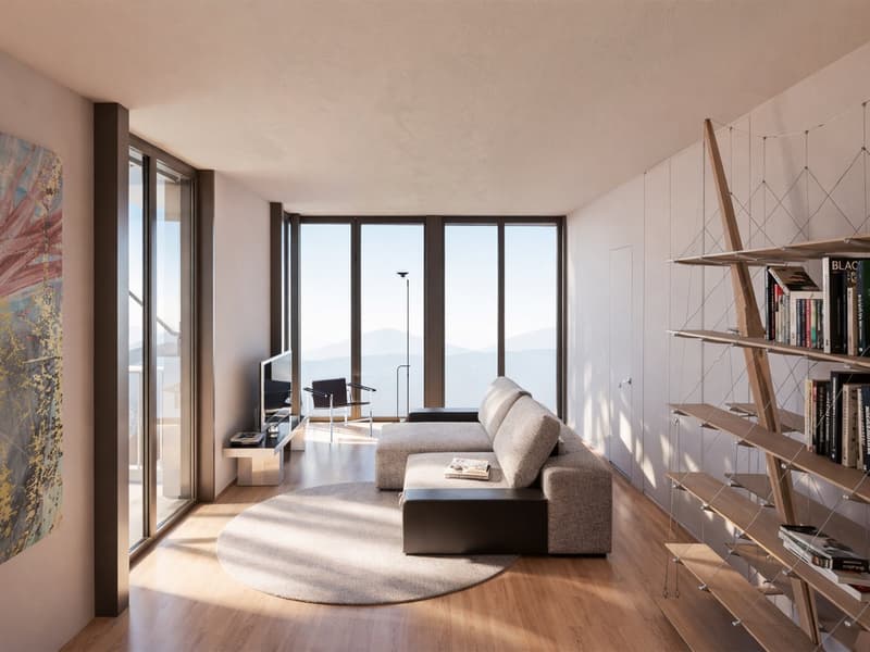modern living room with large windows, gray sofa, round rug, wooden floor, TV, bookshelf, painting