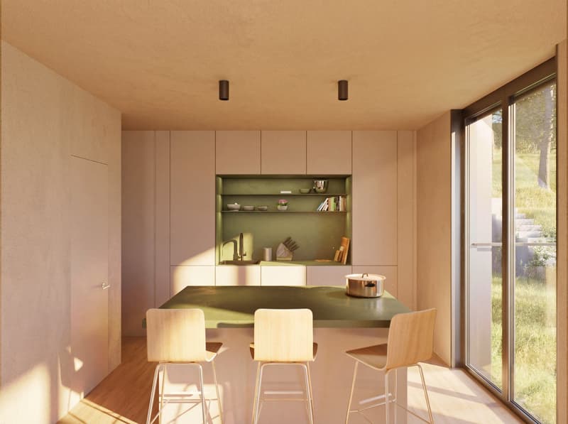 modern kitchen with large island, wooden chairs, white cabinets, green shelves, large windows