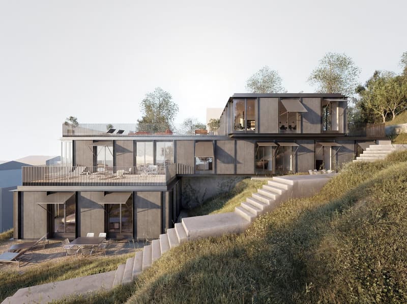 Modern house on a hill, concrete exterior, large glass windows, multiple terraces, outdoor seating, staircases leading to the entrance