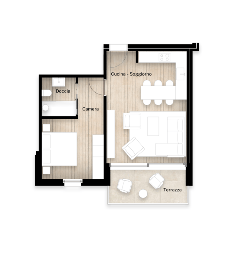 kitchen, living room, bedroom, bathroom, terrace