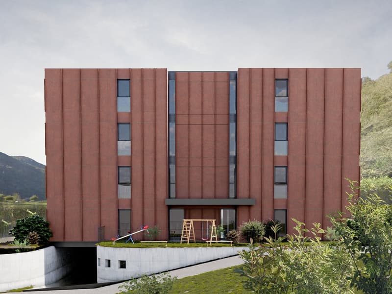 Modern building with brown facade, multiple windows, entrance with wooden swing, children's play area, underground garage
