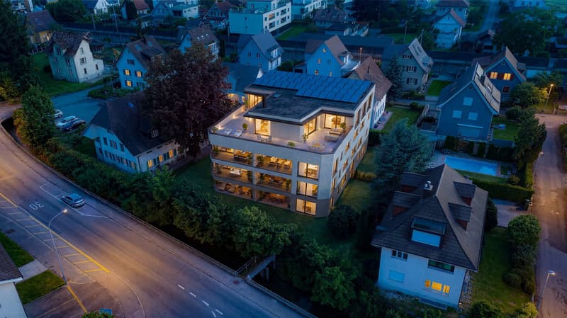 4 story house, solar panels, multiple balconies, swimming pool, multiple cars parked