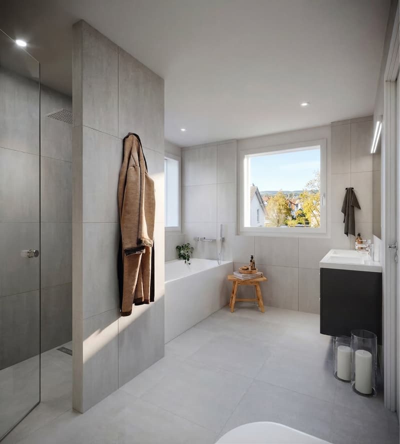 modern bathroom, white tiles, glass shower, white bathtub, wooden stool, white sink, window with view