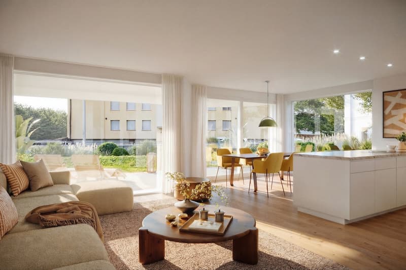 open plan living room, large windows, balcony, dining area, kitchen island, wooden floor