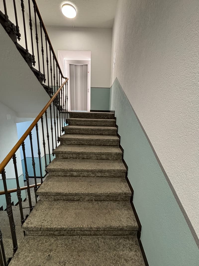 A flight of stone stairs with marble steps and wooden railings, leading to an elevator.