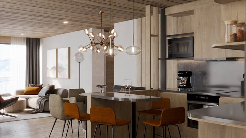Open kitchen, bar chairs, dining table, counter, sofa, couch, coffee table, side table, microwave, kettle, cabinets, lamp, curtains, chandelier, window