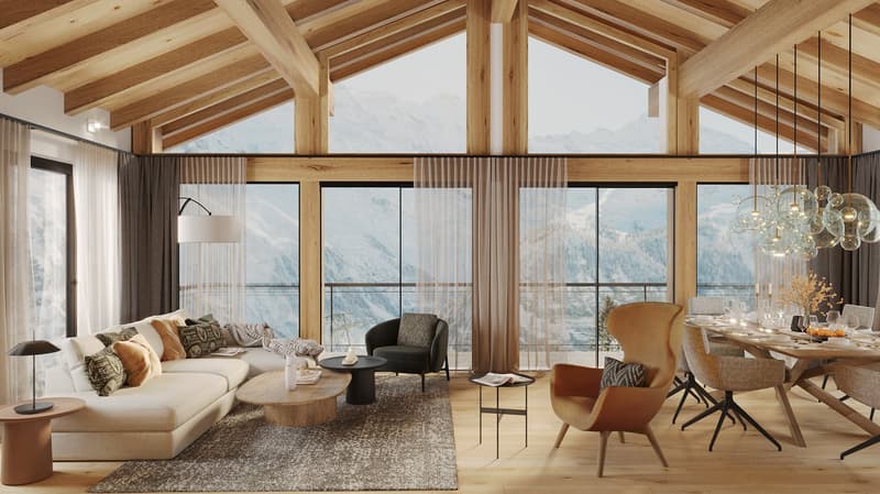 open space with a large window, beige sofa, wood coffee table, wooden floor, dining table