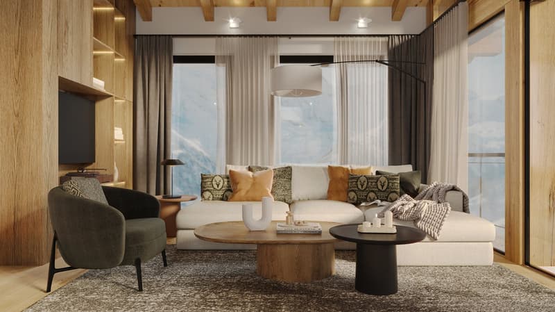 a modern living room with white couches, wooden coffee table, a chair, a table lamp, a floor lamp and TV on wooden shelves. A large window with curtains allows for a scenic view