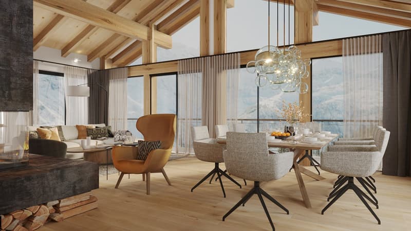 Dining table, chairs, fireplace, sofa, large windows
