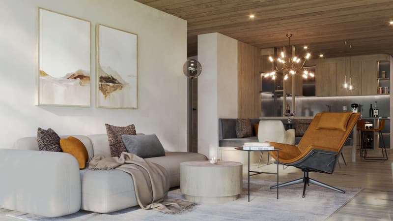 Cozy living room with a gray sectional sofa, yellow accent chair, wooden ceiling, and abstract artwork on the walls. The room also features a modern chandelier and a small side table with a decorative item on it.
