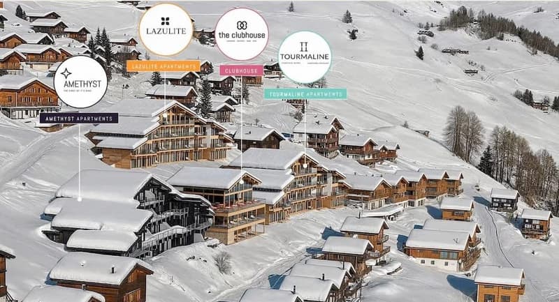 wooden chalets, snow covered, balconies, ski slopes
