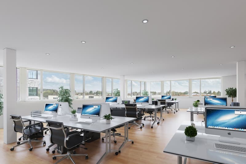 modern office setup with white desk, apple computer, plants, black office chair