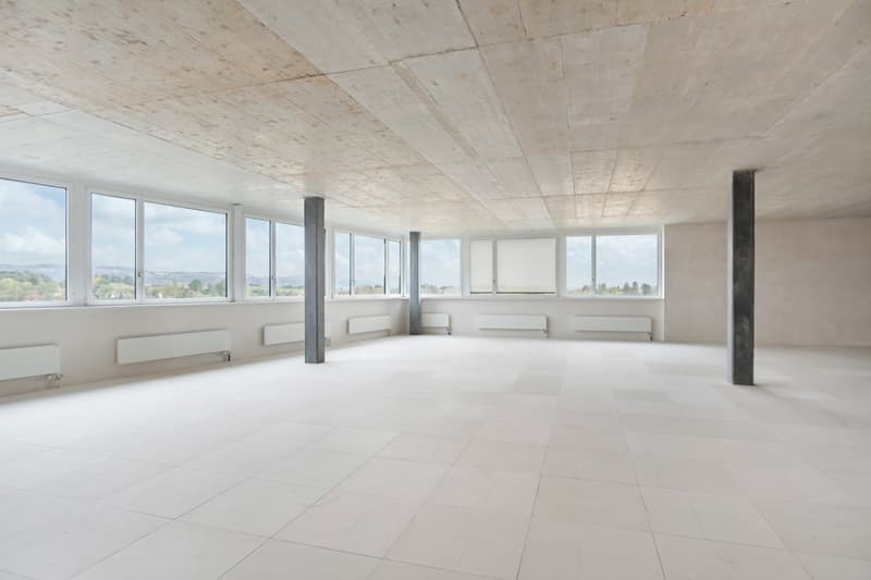 empty room, tiled flooring, large windows, white walls, several pillars
