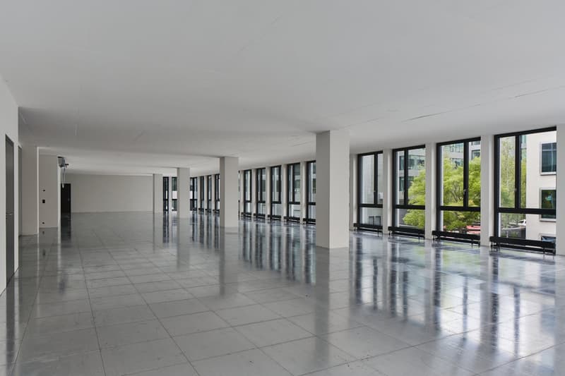 modern interior, gray floors, white walls, large glass windows, view to the outside