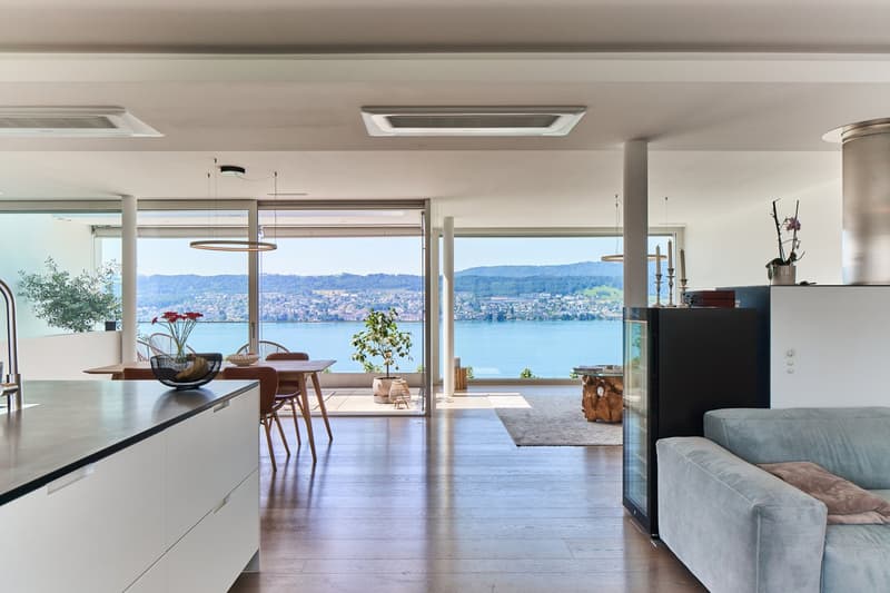 Spacious open-plan living area with large windows offering a panoramic view of a lake and surrounding hills. The room features a modern kitchen with white cabinets, a dining table with chairs, and a comfortable sofa. The decor includes potted plants, deco