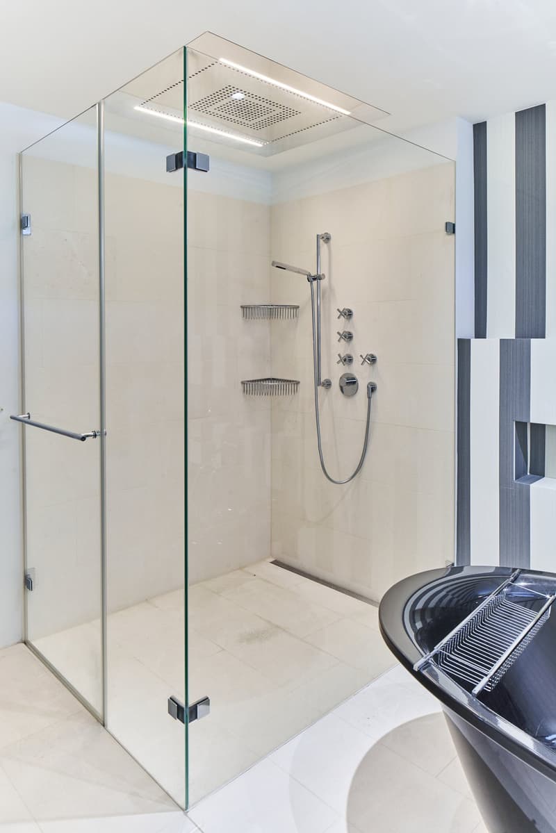 Large glass shower enclosure, multiple shower heads, built-in shelves, modern bathroom fixtures, and a dishwasher visible in the background.