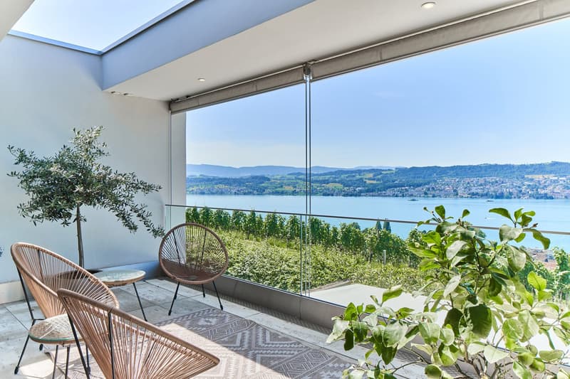 Spacious balcony with panoramic views of the lake and surrounding hills. The balcony features comfortable wicker chairs, a potted olive tree, and lush greenery. Large windows provide an unobstructed view of the scenic landscape.