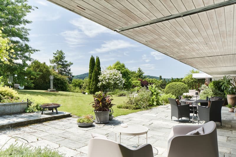 Stone patio, outdoor furniture, potted plants, garden view, grassy lawn, trees, seating area
