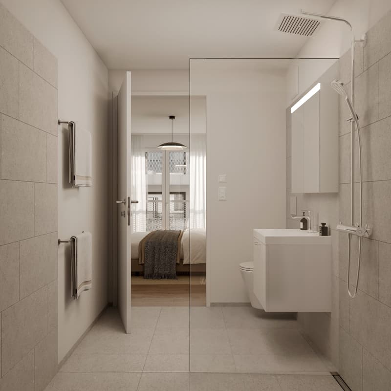 Bathroom: shower, bathtub, toilet, sink, shelves, towel holder, white tiles, glass door