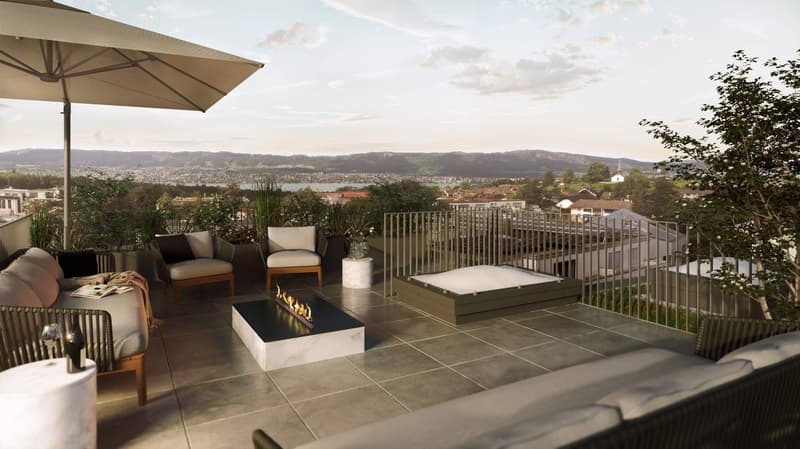 furnished terrace with a sofa, chairs, coffee table, umbrella, and plants. It also has an outdoor fireplace, a hot tub, and a table with wine glasses. There is a city view in the background.