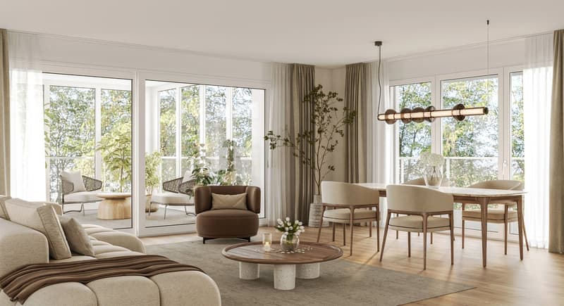 open plan living room and dining area, wooden floors, sliding glass doors leading to balcony, large windows, wooden dining table and chairs, decorative plants, coffee table, pendant lighting