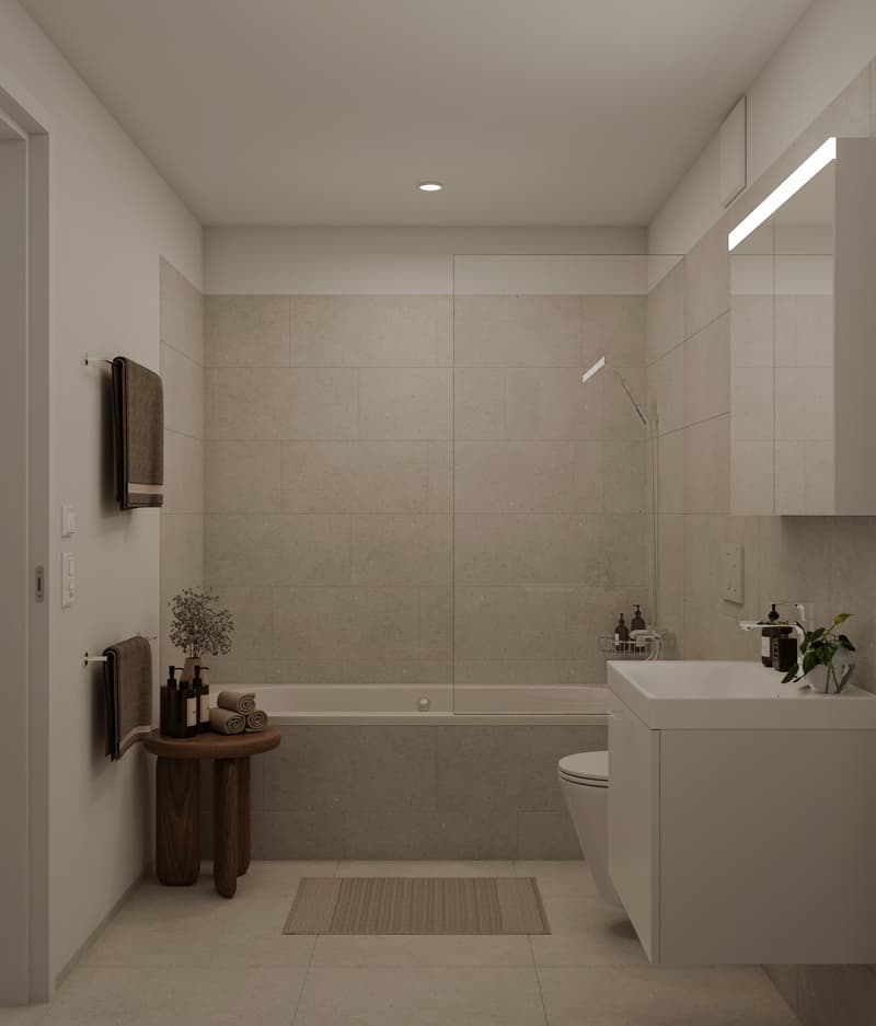 Minimalist bathroom with walk-in shower, large bathtub, wooden table, white cabinets, tiled flooring, beige rugs