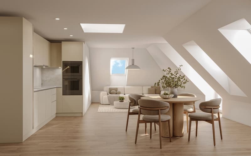 modern design, open floor plan, wooden floor, skylights, dining area, living area, kitchen