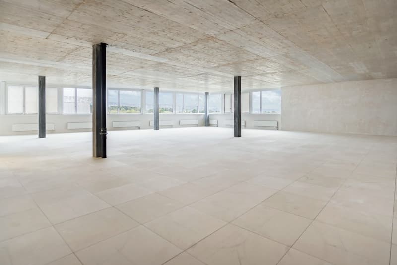 empty room, tile floor, white walls, large windows