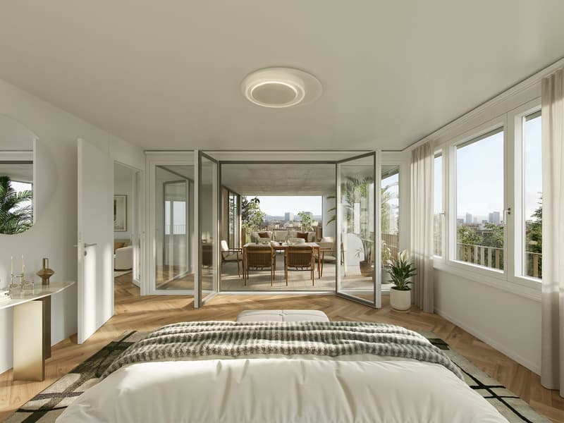 bedroom with a view to a terrace and balcony with a dining table