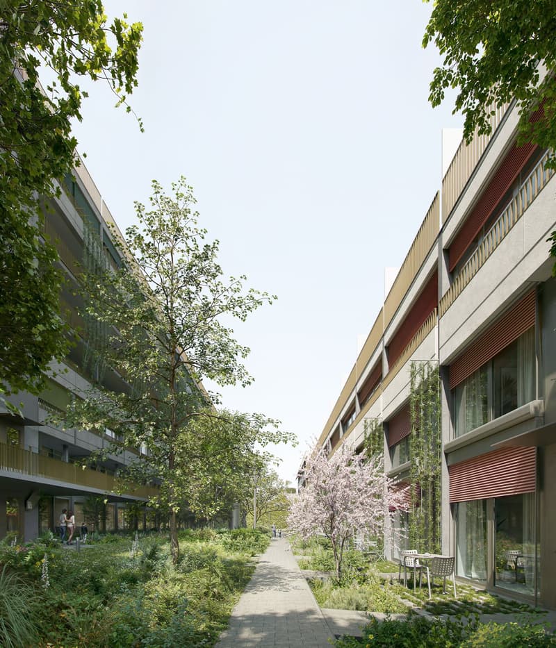 Two residential buildings, modern architecture, large windows, paved walkway, red shutters, garden, trees, outdoor seating
